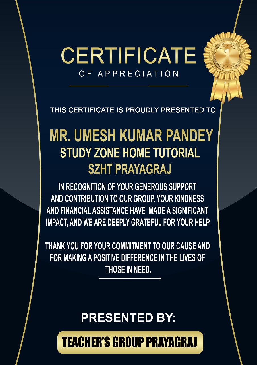 Certificate of Appreciation awarded by Teachers' Group Prayagraj